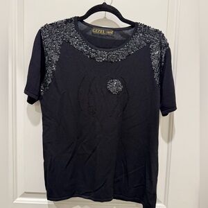 Gizel Embroidered Black Women's T-Shirt, Size L